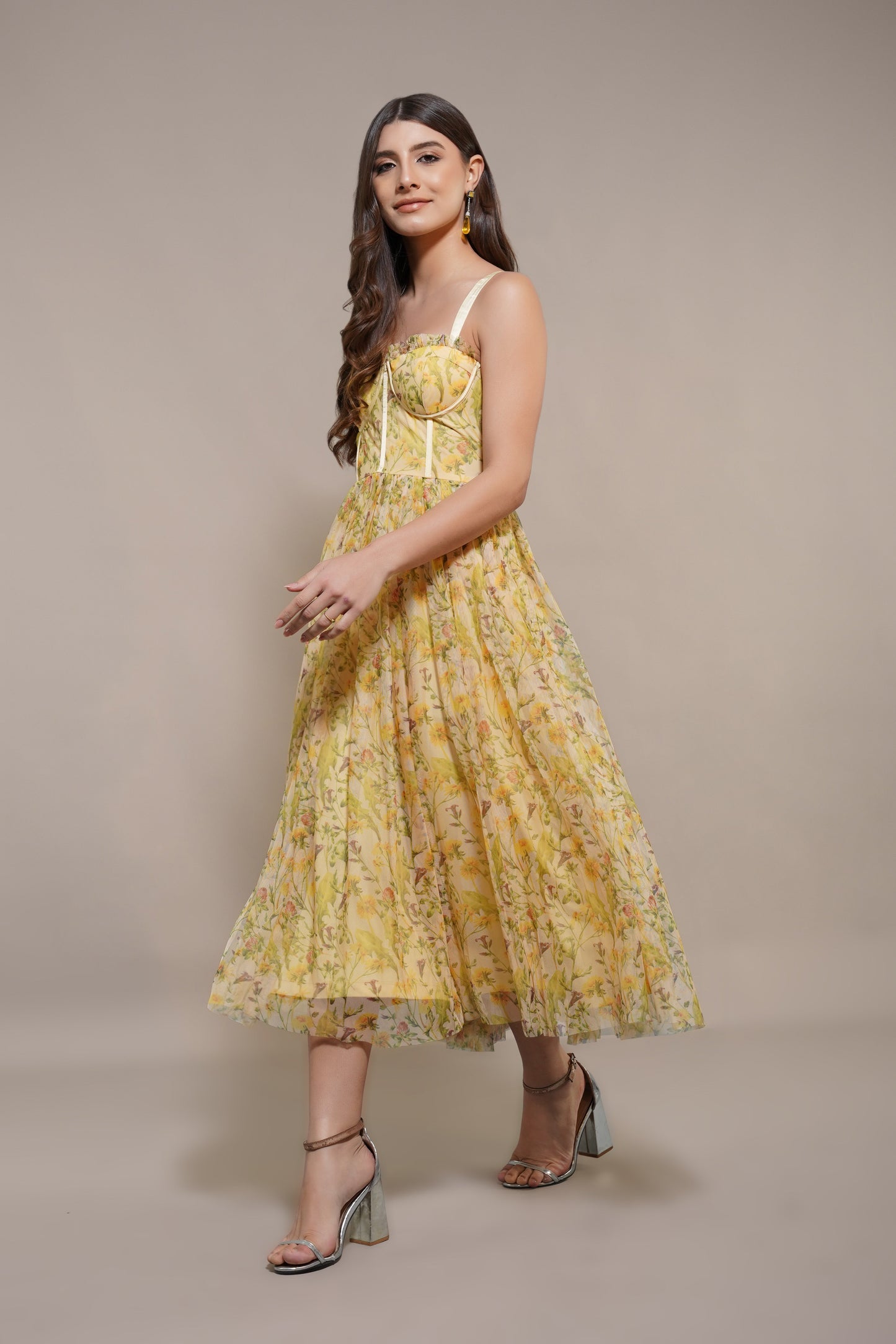 Dane Yellow Floral Corset Midi Dress