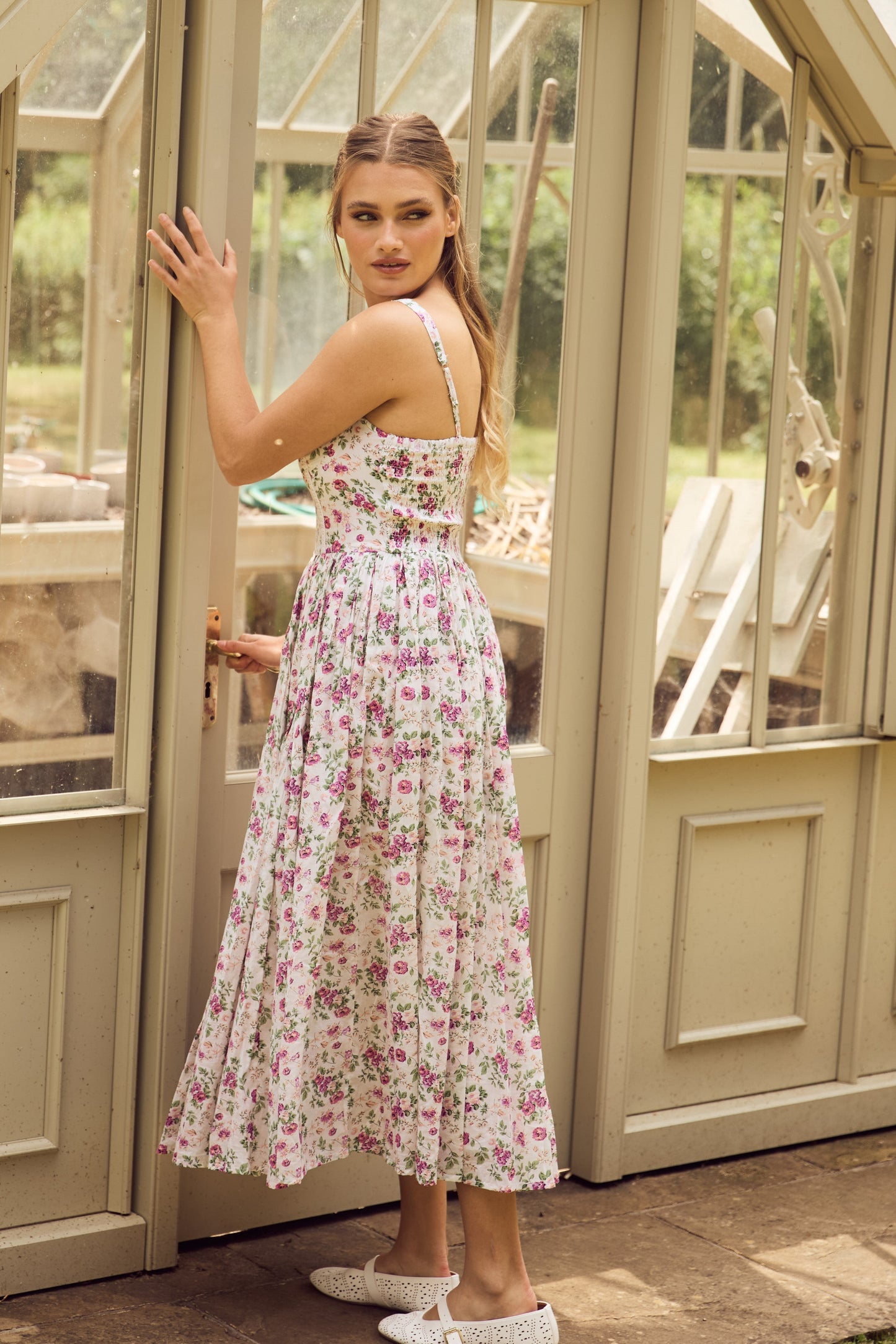 Dane Cotton Pink Purple Floral Corset Midi Dress