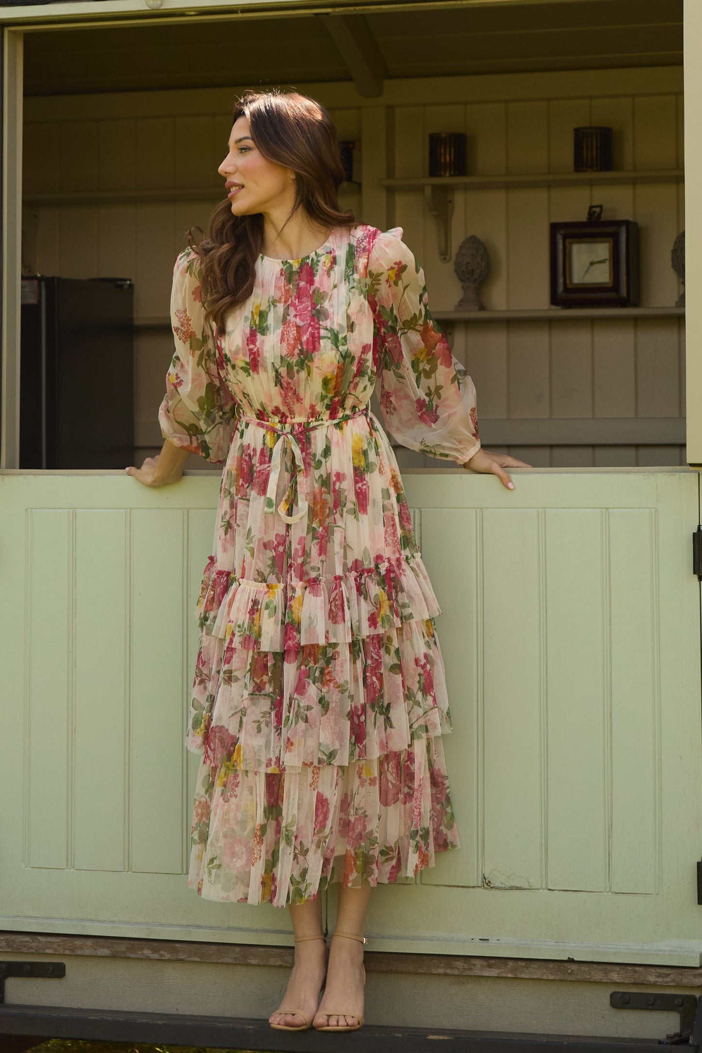 Rebecca Midi Dress in Cream Floral