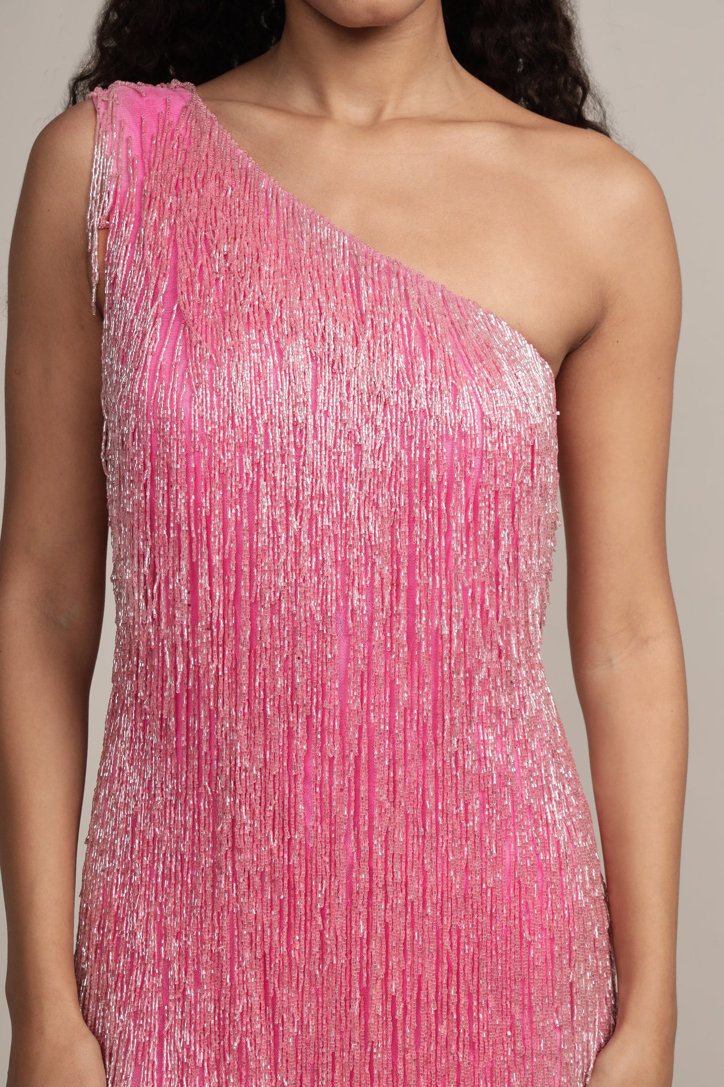 Athena Embellished Pink Fringe Mini Dress