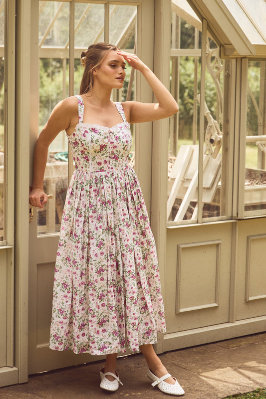 Dane Cotton Pink Purple Floral Corset Midi Dress