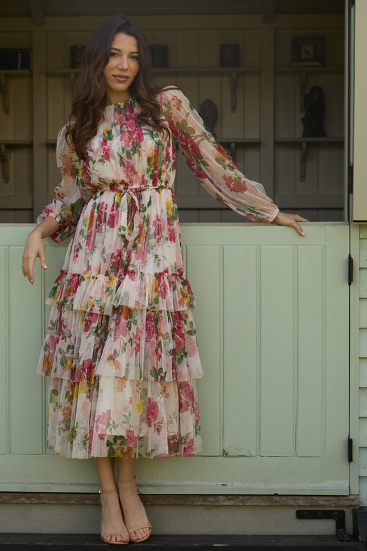 Rebecca Midi Dress in Cream Floral