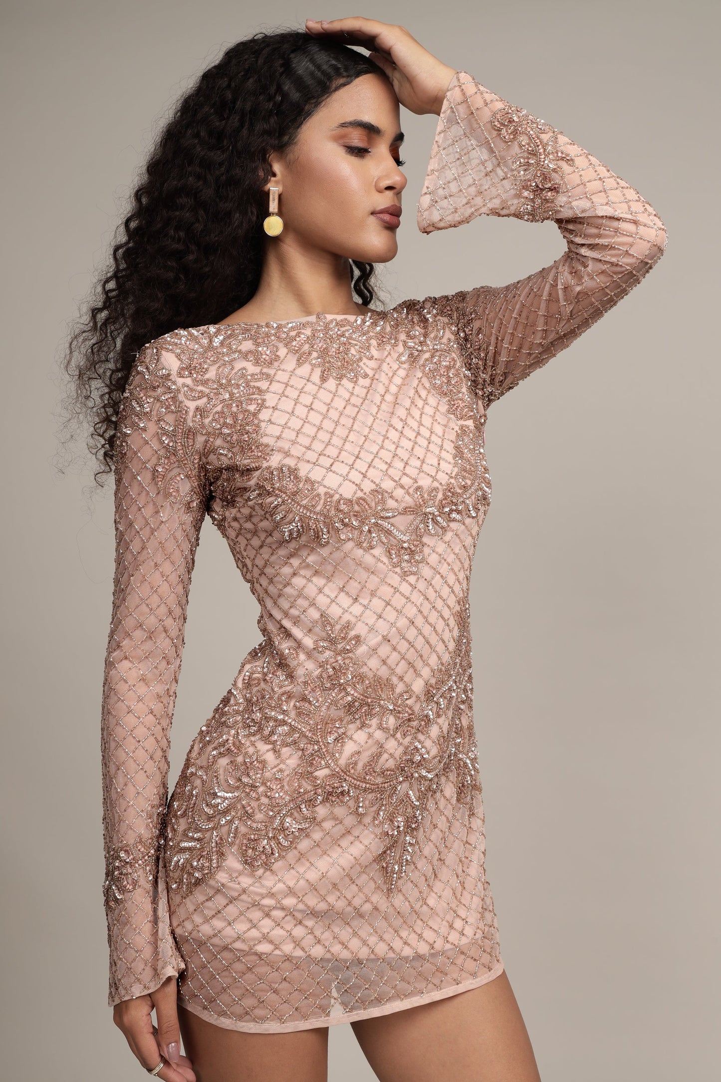 Nela Embellished Mini Dress in Mink