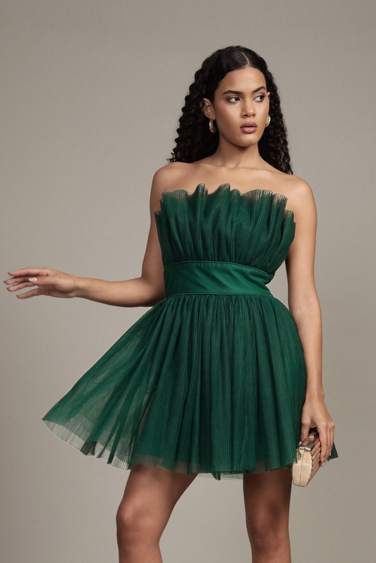 Nanita Pleated Mini Dress in Emerald Green